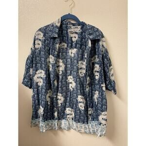 Utility Shirt Mens Sz Medium Blue Dragon All Over Print Short Sleeve Button Y2K